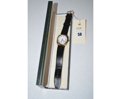 A 9ct. yellow gold cased Longines wristwatch with white enamel roman dial, fitted later strap.