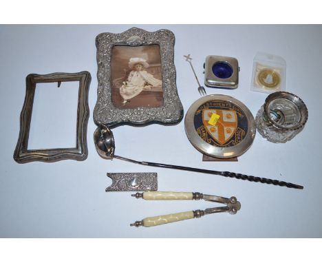 Silver items, to include: photograph frames; cut glass pot with silver cover; a toddy ladle; a pair of plated and ivory 19th 