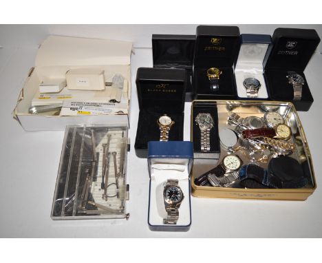 A large quantity of wristwatches and watch opening tools, makers include: Zeitner, Bradford Exchange, Jack Daniels, Klaus-Kob