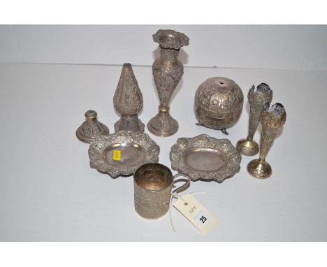 Indo-Persian white metal items, to include: a christening cup embossed with village scene; a pair of vases depicting figures 
