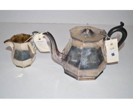 A silver teapot and matching milk jug, by Northern Goldsmiths, Sheffield 1927, of octagonal baluster form, the teapot missing
