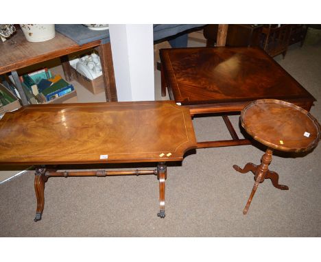 A modern inlaid mahogany square-shaped coffee table; a mahogany wine table; and a rectangular mahogany coffee table.  (3)