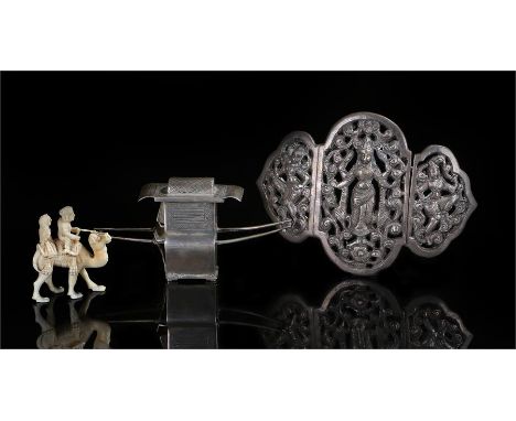 Chinese silver novelty miniature Sedan chair, maker Wang Hing, together with an Indian white metal belt buckle and a 19th Cen