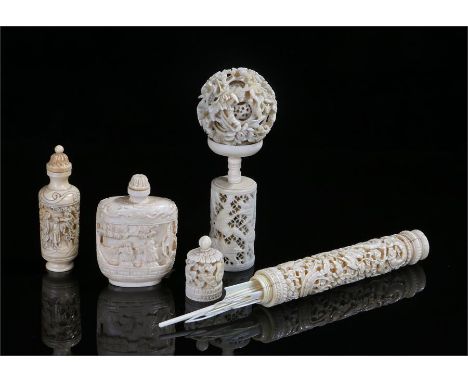 19th Century Chinese Canton ivory needle case, carved with dragons around flowers, together with two snuff bottles and a Chin