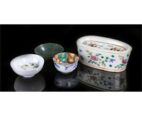 Chinese Canton porcelain incense burner, the lift off lid decorated with flowers above a conforming foliate base, 12.5cm wide