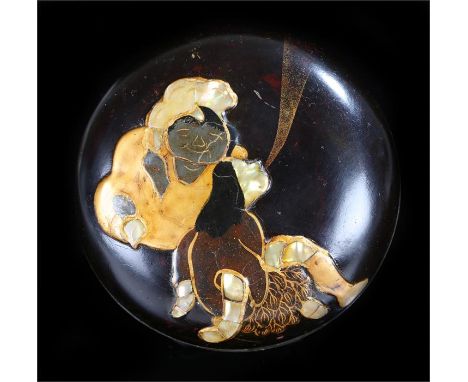 Meiji period lacquer box the lacquer on pewter and decorated with two lacquer figures and mother of pearl inlay. Signed to th