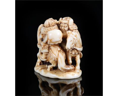 Japanese Meiji period ivory netsuke, carved as two samurai on horseback fighting, signed to the base, 3.5cm high