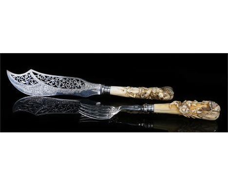 Meiji period fish servers the ivory knife handle carved as a rat, frog, and monkey, signature to handle, the fork as a turtle