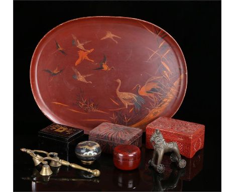 Collection of Oriental items  to include a red oval lacquered tray with bird decoration, carved cinnabar box and cover, flora