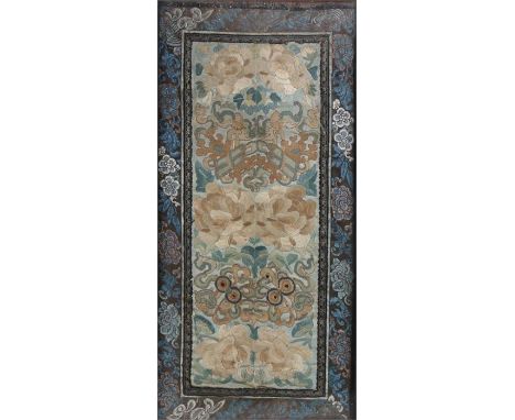 Chinese silk panel, with flower head and scroll decoration, in a hardwood frame, the panel 27.5cm x 57.5cm