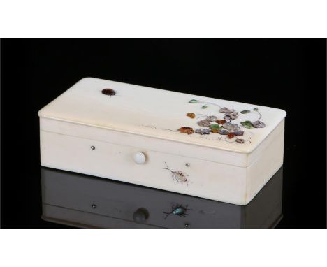Meiji period Japanese Shibayama box, the rectangular box with a hinged lid decorated with a bug moving towards blooming flowe