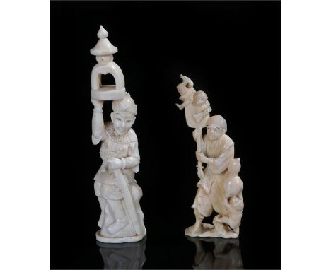 Two early 20th Century Japanese marine ivory Okimonos, the first in marine ivory with monkeys playing with a man, leaf mark t