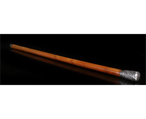 Chinese silver capped walking stick, the wide silver top with a curled dragon surround above the malacca cane, 86cm long
