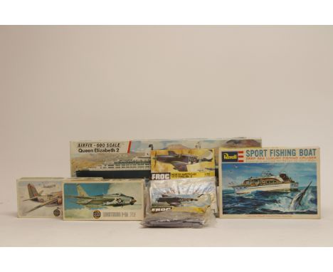 A collection of modelling kits to include; FROG aircraft kits in original packaging, AirFix-600 Queen Elizabeth II, Revell "S