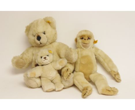 A modern Steiff monkey with two modern Steiff teddy bears, all three acrylic and cotton (3)