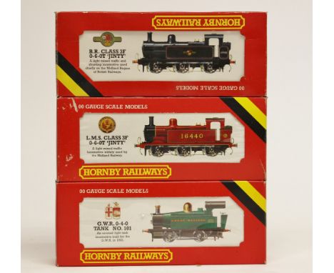 Hornby: A Hornby 'OO' gauge R.077 G.W.R 0-4-0 Locomotive "Great Western" 101, a Hornby B.R. Class 3F 0-6-0T 'Jinty' and a L.M