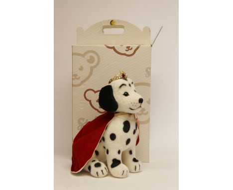 A boxed Steiff "Royal Dalmatian", wearing a red cape and tiara and a wooden tag for F.A.O. Schwarz, no 1 /100, model 670015 