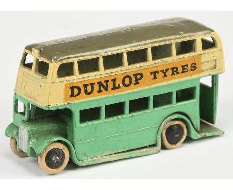 Dinky Toys Pre-War 29c Double Decker "Dunlop" Bus (Type 1) - Two-Tone Green and Cream, grey roof, silver grille, black smooth