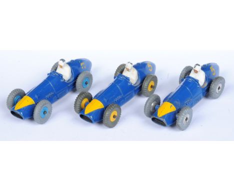 Dinky Toys 234 Ferrari F1 Racing Car Group of 3 - (1) Blue body, yellow triangle nose, chrome hubs; (2) Same but blue plastic