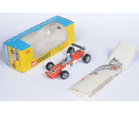 Corgi Toys 158 Lotus-Climax Formula 1 Racing Car - Two-Tone orange, white with black and white racing No. 8 labels, cast hubs