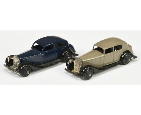 Dinky Toys 30 Series Pair - (1) 30b Rolls Royce - Dark blue body black rigid hubs and (type 4) Chassis, (2) 30c Daimler Fawn,