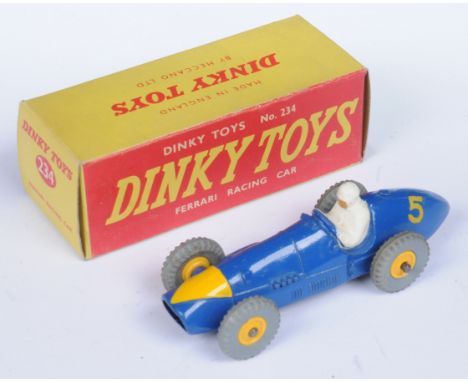 Dinky Toys 234 Ferrari Racing Car - Blue body with harder-to-find yellow triangle nose and racing No. 5, deep-yellow plastic 