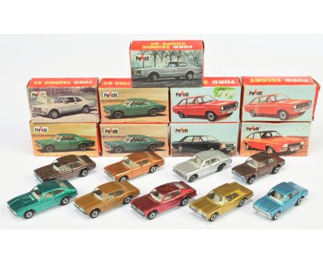 Polistil Group of 9 Ford Models to include RJ19 Ford Escort - Metallic brown; RJ17 Ford Consul - Silver; RJ21 Ford Cortina GT