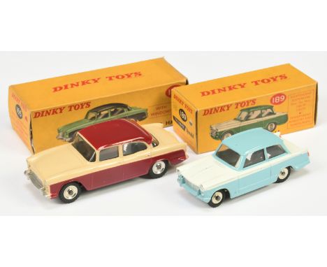 Dinky Toys A pair - (1) 165 Humber Hawk - Two-Tone Cream, maroon, silver trim and chrome spun hubs and (2) 189 Triumph Herald