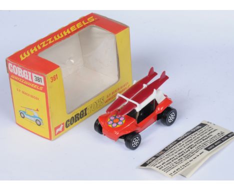Corgi Toys 381 GP Beach Buggy - Red body, white hood with 2 X maroon surfboards, black interior, with (flower) bonnet label a