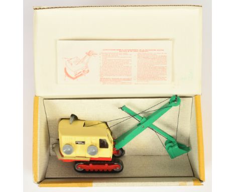 Dinky Toys 975 Ruston Bucyrus Excavator - Pale-yellow unit with red chassis, green jib and shovel, silver platform - Good Plu