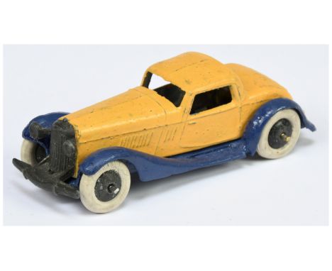 Dinky Toys Pre-War 24f (Type 2 replacement chassis) Coupe - yellow body, blue chassis, black hubs with white tyres - Fair - s