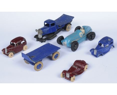 Dinky Toys Pre-War Group - to include Flat Truck - Blue including trailer; Mercedes Racer - Light-blue, black smooth hubs wit