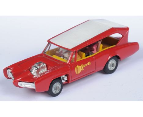 Corgi Toys 277 "The Monkees" Monkeemobile - Red body, white roof, yellow interior with 4 X figures, chrome trim and engine, c