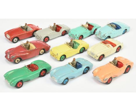 Dinky Toys Unboxed Group of 10 Sports Cars - to include 101 Sunbeam Alpine - Light-blue; 105 Triumph TR2 - Yellow body with m