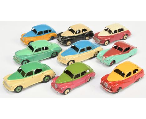 Dinky Toys Unboxed Group of 9 Two-Tone Issues - to include 152 Austin Devin - Yellow, mid-blue including hubs; 159 Morris Oxf