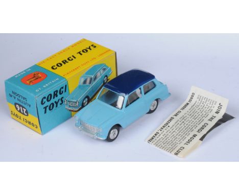 Corgi Toys 216 Austin A40 Saloon - Light-blue body, dark-blue roof, silver trim and spun hubs - Near-Mint (couple of minor fa