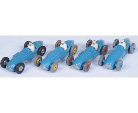 Dinky Toys Unboxed 230 Talbot Lago F1 Racing Car Group of 4 - (1) Mid-blue including ridged hubs; (2) Same, but spun hubs and