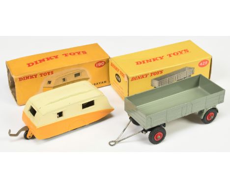 Dinky Toys A pair - (1) 190 Caravan - Two-Tone cream and yellow, light beige rigid hubs - Good Plus in a poor box and (2) 428