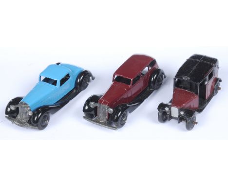 Dinky Toys 36 Series Group of 3 - (1) 36B Bentley - Mid-blue body, black chassis and ridged hubs; (2) 36A Armstrong Siddeley 