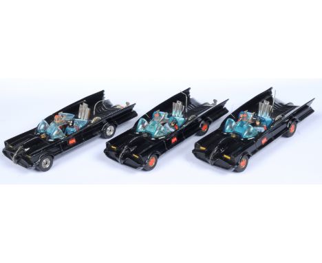Corgi Toys 267 "Batman" Batmobile Group of 3 - (1) Black body, red bat hubs, blue windows with "Batman and Robin" figures and