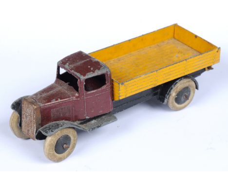 Dinky Toys Pre-War 25e (Type 1) Tipping Wagon - Brown cab, yellow tipper, black chassis and smooth hubs with white tyres, tin