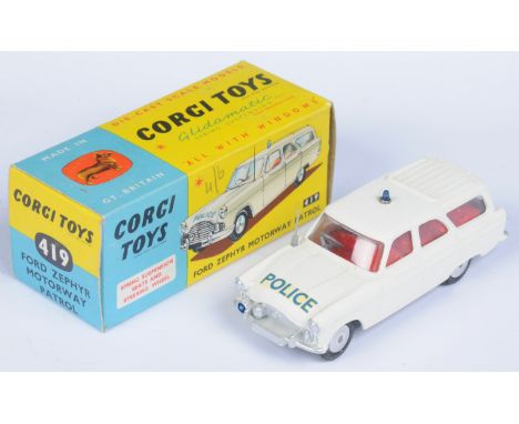 Corgi Toys 419 Ford Zephyr "Police" Motorway Patrol Car - White body, small blue roof light, red interior, silver trim, grey 