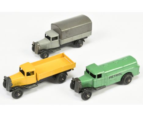 Dinky Toys 25 Series Group Of 3 - (1|) 25b Covered Wagon - Grey, black chassis, dark grey metal tilt, (2) 25e Tipper - Yellow