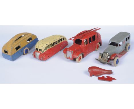 Dinky Toys Pre-War Group of 4 - to include Streamlined Fire Engine - Red including smooth hubs; Caravan - Two-Tone - Mid-blue