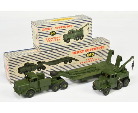 Dinky Toys Military A Pair - (1) 660 Mighty Antar Tank Transporter and (2) Scammell Recovery Tractor - both finished in green