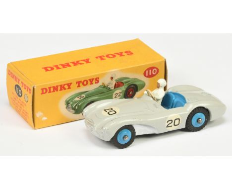 Dinky Toys 110 Aston Martin DB3 Sports - Grey body, mid-blue interior and rigid hubs with treaded tyres, figure driver, silve