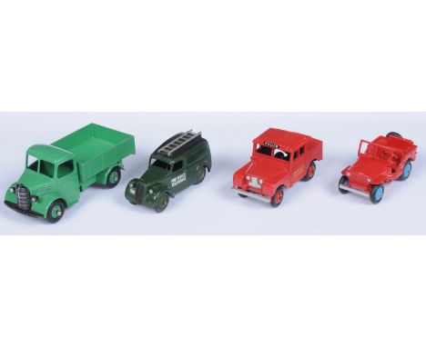 Dinky Toys Unboxed Group Of 4 - (1) Bedford Open Back Truck - Mid-green including rigid hubs, (2) Jeep - Red, Mid-blue rigid 