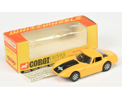 Corgi Toys 377 Marcos 3 Litre - Yellow body with black bonnet stripe and interior, grey base and whizzwheels - Excellent (cou