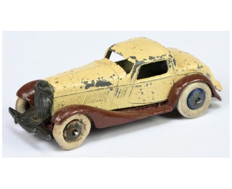Dinky Toys Pre-War 24f (Type 2) Coupe - Cream body, brown chassis, black hubs with white tyres - Fair - some hubs replaced fr