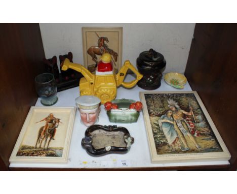 SECTION 14: A group of three "Ivorex" ceramic panels depicting Native American's, together with a Carlton Ware JCB Tea pot an